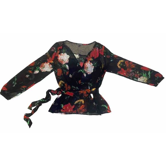 Express Blouse Womens Small Peplum Sheer Floral Dark Romantic Office Party Shirt - Picture 1 of 10